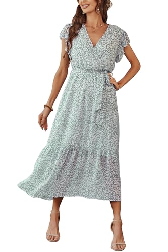 Awemeal Kleid Damen Sommer Elegant V-Ausschnitt Kurzarm Lang Sommerkleid Boho Blumenkleid mit Gürtel Rüschen Saum Wickelkleid Strandkleid A Linie Fließend Maxikleid （L, Blume Grün） von Awemeal