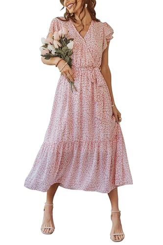 Awemeal Kleid Damen Sommer Elegant V-Ausschnitt Kurzarm Lang Sommerkleid Boho Blumenkleid mit Gürtel Rüschen Saum Wickelkleid Strandkleid A Linie Fließend Maxikleid （L, Blume Rosa） von Awemeal