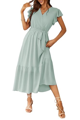 Awemeal Kleid Damen Sommer Elegant V-Ausschnitt Kurzarm Lang Sommerkleid Boho Blumenkleid mit Gürtel Rüschen Saum Wickelkleid Strandkleid A Linie Fließend Maxikleid （L, Grün） von Awemeal