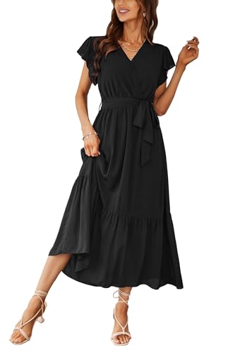 Awemeal Kleid Damen Sommer Elegant V-Ausschnitt Kurzarm Lang Sommerkleid Boho Blumenkleid mit Gürtel Rüschen Saum Wickelkleid Strandkleid A Linie Fließend Maxikleid （L, Schwarz） von Awemeal