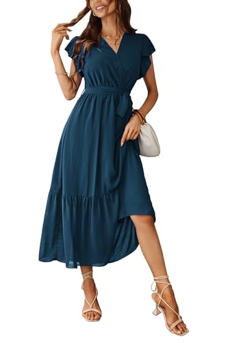 Awemeal Kleid Damen Sommer Elegant V-Ausschnitt Kurzarm Lang Sommerkleid Boho Blumenkleid mit Gürtel Rüschen Saum Wickelkleid Strandkleid A Linie Fließend Maxikleid （M, See Blau） von Awemeal