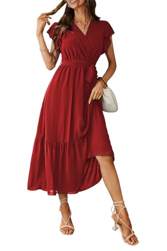 Awemeal Kleid Damen Sommer Elegant V-Ausschnitt Kurzarm Lang Sommerkleid Boho Blumenkleid mit Gürtel Rüschen Saum Wickelkleid Strandkleid A Linie Fließend Maxikleid （S, Weinrot） von Awemeal