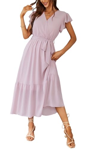 Awemeal Kleid Damen Sommer Elegant V-Ausschnitt Kurzarm Lang Sommerkleid Boho Blumenkleid mit Gürtel Rüschen Saum Wickelkleid Strandkleid A Linie Fließend Maxikleid （XL, Rosa） von Awemeal