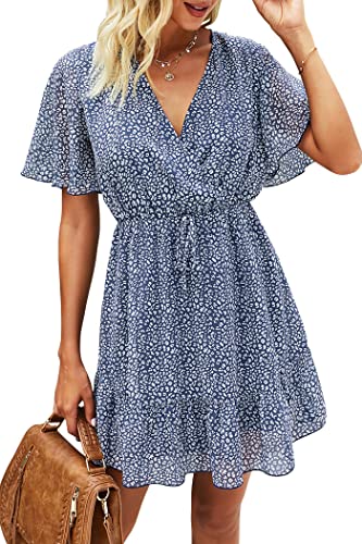Awemeal Sommerkleid Damen Kurz Drucken Boho Kleider Strandkleid Kurzarm V-Ausschnitt Chiffon Kleid Rüsche Minikleid mit Gürtel （M, Dunkelblau） von Awemeal