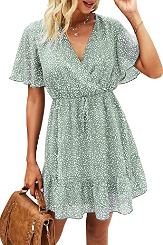 Awemeal Sommerkleid Damen Kurz Drucken Boho Kleider Strandkleid Kurzarm V-Ausschnitt Chiffon Kleid Rüsche Minikleid mit Gürtel （M, Grün） von Awemeal