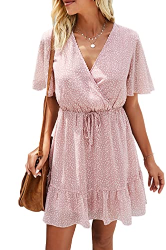 Awemeal Sommerkleid Damen Kurz Drucken Boho Kleider Strandkleid Kurzarm V-Ausschnitt Chiffon Kleid Rüsche Minikleid mit Gürtel （M, Rosa） von Awemeal