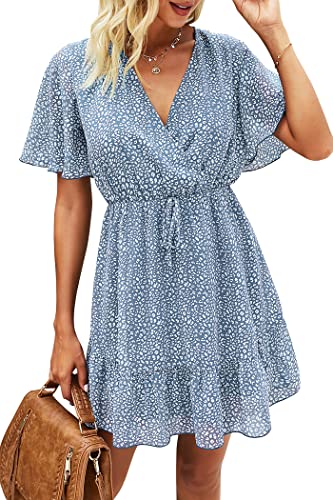 Awemeal Sommerkleid Damen Kurz Drucken Boho Kleider Strandkleid Kurzarm V-Ausschnitt Chiffon Kleid Rüsche Minikleid mit Gürtel （S, Hellblau） von Awemeal