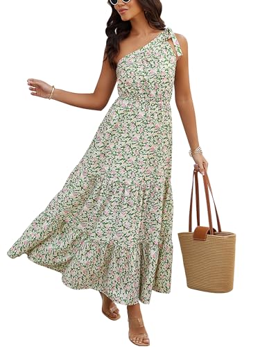 Awemeal Sommerkleid Damen Lang Blumen Kleid Knoten Eine Schulter Maxikleid Sommer Boho Rüschen Saum Fließend Strandkleid (L, Grün Rosa Blume) von Awemeal