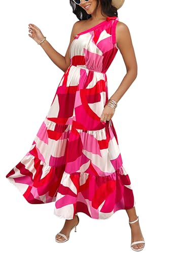 Awemeal Sommerkleid Damen Lang Blumen Kleid Knoten Eine Schulter Maxikleid Sommer Boho Rüschen Saum Fließend Strandkleid (L, Rot Weiß Block) von Awemeal