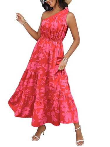 Awemeal Sommerkleid Damen Lang Blumen Kleid Knoten Eine Schulter Maxikleid Sommer Boho Rüschen Saum Fließend Strandkleid (M, Rot Blumen) von Awemeal