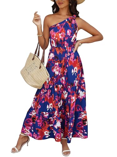 Awemeal Sommerkleid Damen Lang Blumen Kleid Knoten Eine Schulter Maxikleid Sommer Boho Rüschen Saum Fließend Strandkleid (XL, Blau Orange Blumen) von Awemeal