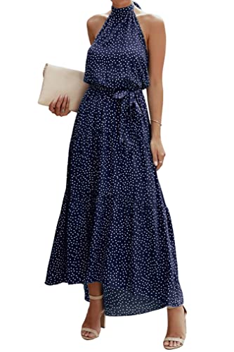 Awemeal Sommerkleid Damen Lang Blumenmuster Boho Kleid Ärmellos Neckholder Strandkleid Rüsche Maxikleid mit Gürtel （M, 259 Dunkelblau） von Awemeal