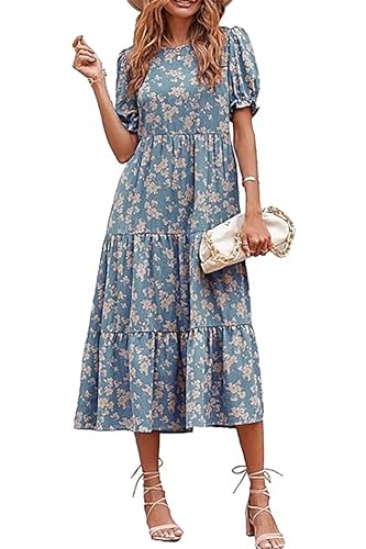 Awemeal Sommerkleid Damen Lang Casual Rundhals Maxikleid Sommer Blumenmuster Boho Kleid Strandkleid Puffärmel Rüschen Blumenkleid (L, Blau) von Awemeal