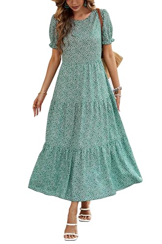 Awemeal Sommerkleid Damen Lang Casual Rundhals Maxikleid Sommer Blumenmuster Boho Kleid Strandkleid Puffärmel Rüschen Blumenkleid (M, Grün) von Awemeal