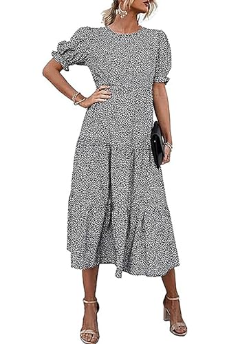 Awemeal Sommerkleid Damen Lang Casual Rundhals Maxikleid Sommer Blumenmuster Boho Kleid Strandkleid Puffärmel Rüschen Blumenkleid (M, Schwarz) von Awemeal