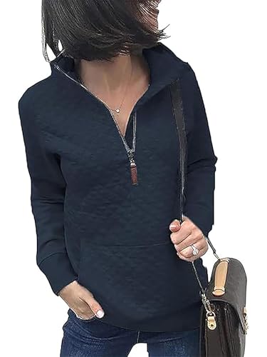 Awemeal Sweatshirt Damen Herbst Winter Mode Reißverschluss Pullover Oberteil Einfarbig Leicht Lange Ärmel Pullovershirt Pulli Casual Gestepptes Muster Jumper Blouse Sweater （M, Dunkelblau） von Awemeal