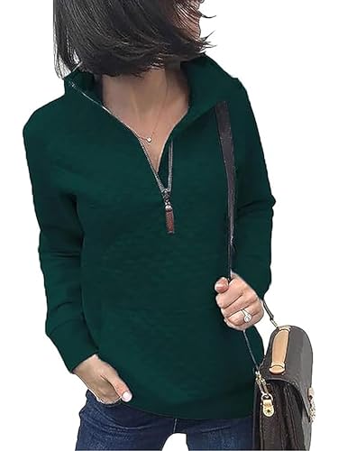 Awemeal Sweatshirt Damen Herbst Winter Mode Reißverschluss Pullover Oberteil Einfarbig Leicht Lange Ärmel Pullovershirt Pulli Casual Gestepptes Muster Jumper Blouse Sweater （M, Dunkelgrün） von Awemeal