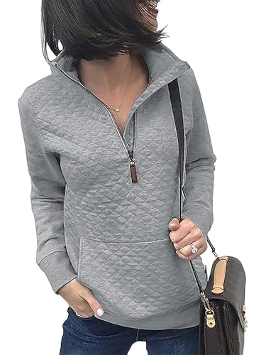 Awemeal Sweatshirt Damen Herbst Winter Mode Reißverschluss Pullover Oberteil Einfarbig Leicht Lange Ärmel Pullovershirt Pulli Casual Gestepptes Muster Jumper Blouse Sweater （S, Hellgrau） von Awemeal