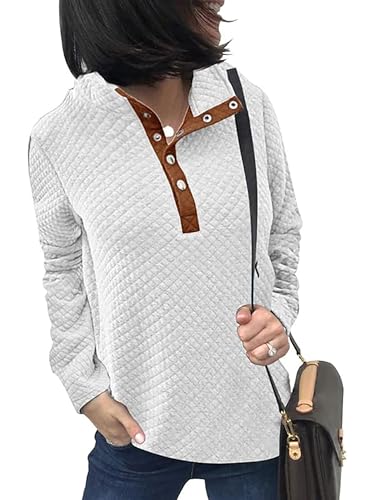 Awemeal Sweatshirt Damen Herbst Winter Mode Reißverschluss Pullover Oberteil Einfarbig Leicht Lange Ärmel Pullovershirt Pulli Casual Gestepptes Muster Jumper Blouse Sweater （XL, Knopf Weiß） von Awemeal