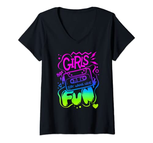 Damen Girls Just Wanna Have Fun Nostalgie 1980er Jahre T-Shirt mit V-Ausschnitt von Awesome 80's Retro Girls Just Wanna Have Fun DNG