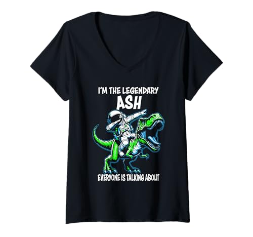 Damen I'm The Legendary Ash Lustiger Astronaut auf Dinosaurier-Cartoon T-Shirt mit V-Ausschnitt Damen I'm The Legendary Ash Lustiger Astronaut auf Dinosaurier-Cartoon T-Shirt mit V-Ausschnitt von Awesome Ash Designs for the Name Ash