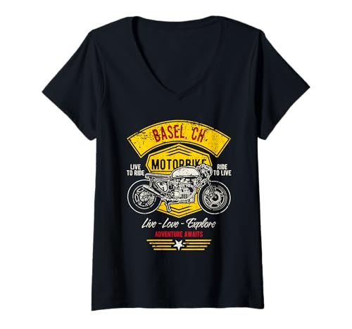 Damen Basel CH Retro Motorrad Design T-Shirt mit V-Ausschnitt von Awesome Basel CH Designs