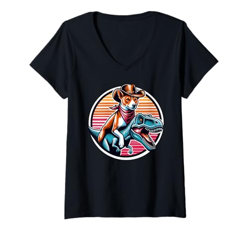 Damen Lustiger Cowboy Basenji reitet einen T-Rex und süße Basenji-Hunde T-Shirt mit V-Ausschnitt Damen Lustiger Cowboy Basenji reitet einen T-Rex und süße Basenji-Hunde T-Shirt mit V-Ausschnitt von Awesome Basenji Dogs Apparel