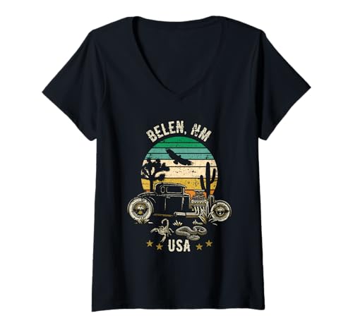 Damen Belen NM USA Hotrod Retro-Design im Wüsten-Sonnenuntergangsstil T-Shirt mit V-Ausschnitt von Awesome Belen New Mexico USA Designs
