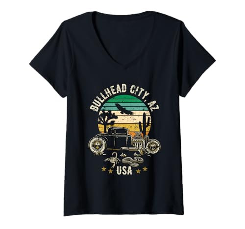 Damen Bullhead City AZ USA Hotrod Retro-Design im Wüsten-Sonnenuntergangsstil T-Shirt mit V-Ausschnitt Damen Bullhead City AZ USA Hotrod Retro-Design im Wüsten-Sonnenuntergangsstil T-Shirt mit V-Ausschnitt von Awesome Bullhead City Arizona USA Designs