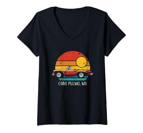 Damen Cabo Pulmo Mexiko Retro Sportwagen Sonnenuntergang Distressed Design T-Shirt mit V-Ausschnitt von Awesome Cabo Pulmo Mexico Designs Souvenirs