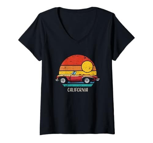 Damen California USA Retro Sportwagen Sonnenuntergang Distressed Design T-Shirt mit V-Ausschnitt Damen California USA Retro Sportwagen Sonnenuntergang Distressed Design T-Shirt mit V-Ausschnitt von Awesome California USA Designs Souvenirs