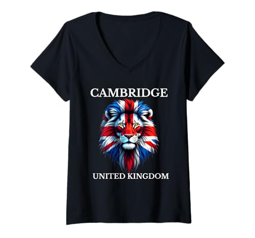 Damen Design der britischen Flagge, Union Jack, Vereinigtes Königreich, Cambridge T-Shirt mit V-Ausschnitt von Awesome Cambridge UK Designs