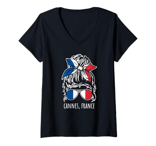 Damen Cannes France Messy Hair Bun Bandana Sonnenbrille Design T-Shirt mit V-Ausschnitt Damen Cannes France Messy Hair Bun Bandana Sonnenbrille Design T-Shirt mit V-Ausschnitt von Awesome Cannes France Designs and Souvenirs