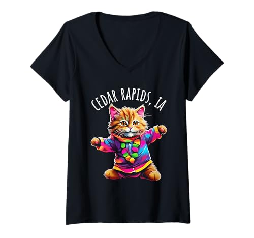Damen Cedar Rapids IA USA Lustiges buntes tanzendes Katzen-Design T-Shirt mit V-Ausschnitt von Awesome Cedar Rapids IA USA Designs and Souvenirs