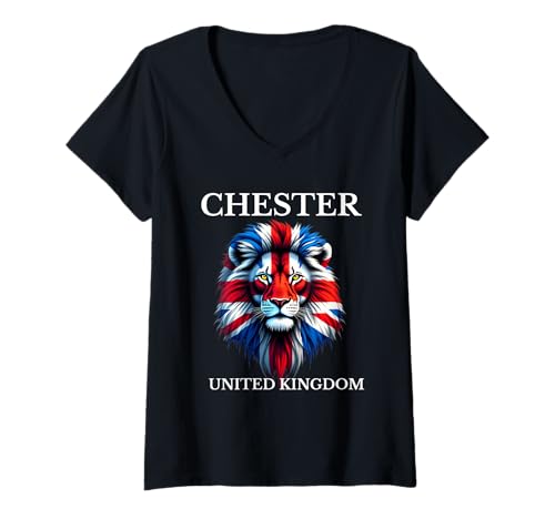 Damen Design der britischen Flagge, Union Jack, Vereinigtes Königreich, Chester T-Shirt mit V-Ausschnitt von Awesome Chester UK Designs