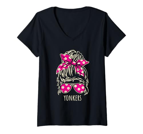 Damen City of Yonkers Unordentliche Sonnenbrille mit Dutt und Band, Design T-Shirt mit V-Ausschnitt von Awesome City of Yonkers Souvenirs and Designs
