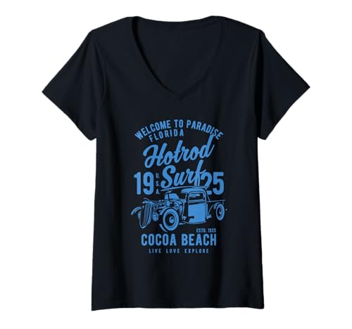 Damen Cocoa Beach Florida Hotrod Surf-Design im Retro-Stil T-Shirt mit V-Ausschnitt Damen Cocoa Beach Florida Hotrod Surf-Design im Retro-Stil T-Shirt mit V-Ausschnitt von Awesome Cocoa Beach Florida Souvenirs Designs