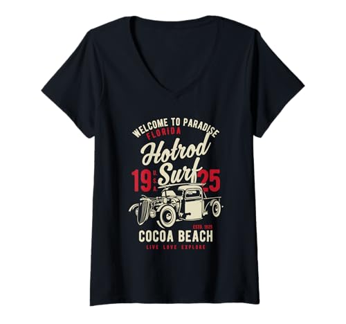 Damen Cocoa Beach Florida Hotrod Surf-Design im Retro-Stil T-Shirt mit V-Ausschnitt Damen Cocoa Beach Florida Hotrod Surf-Design im Retro-Stil T-Shirt mit V-Ausschnitt von Awesome Cocoa Beach Florida Souvenirs Designs