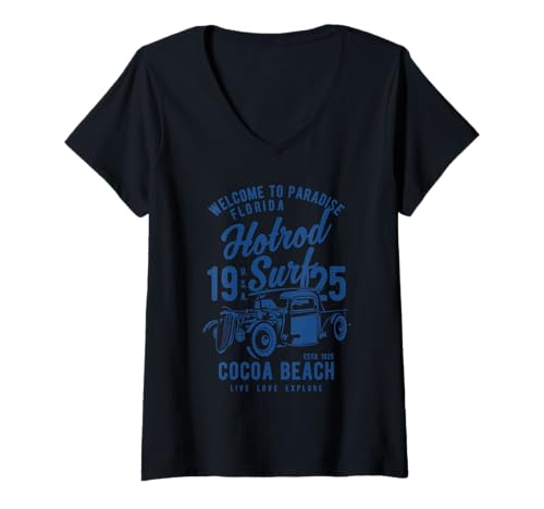 Damen Cocoa Beach Florida Retro-Hotrod Surf-Design im Used-Look T-Shirt mit V-Ausschnitt Damen Cocoa Beach Florida Retro-Hotrod Surf-Design im Used-Look T-Shirt mit V-Ausschnitt von Awesome Cocoa Beach Florida Souvenirs Designs