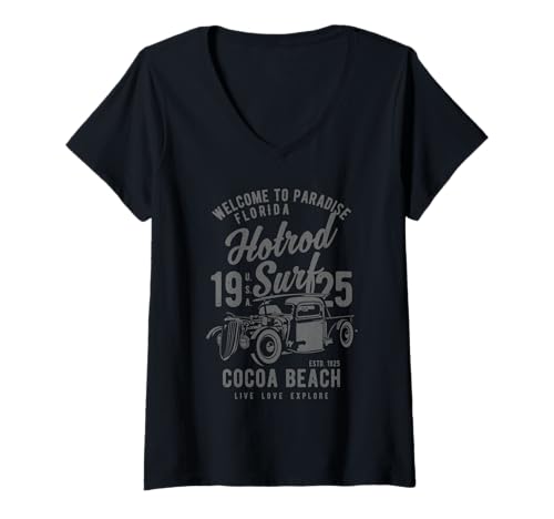 Damen Cocoa Beach Florida Retro-Hotrod Surf-Design im Used-Look T-Shirt mit V-Ausschnitt Damen Cocoa Beach Florida Retro-Hotrod Surf-Design im Used-Look T-Shirt mit V-Ausschnitt von Awesome Cocoa Beach Florida Souvenirs Designs