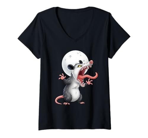 Damen Angry Screaming Opossum Opossum Tier Geschenk Männer Frauen Kinder T-Shirt mit V-Ausschnitt von Awesome Cute Funny Opossum and Moon Graphic Design