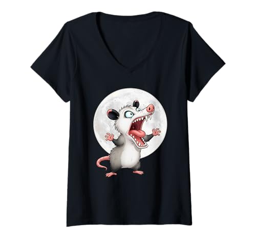 Damen Angry Screaming Opossum Opossum Tier Geschenk Männer Frauen Kinder T-Shirt mit V-Ausschnitt von Awesome Cute Funny Opossum and Moon Graphic Design