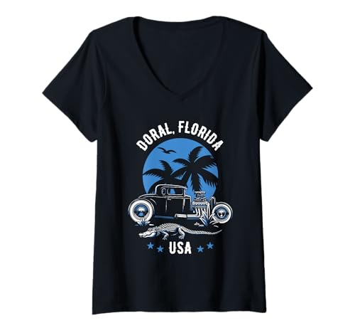 Damen Doral Florida Sunset Hotrod Alligator-Design T-Shirt mit V-Ausschnitt von Awesome Doral Florida USA Designs Souvenirs