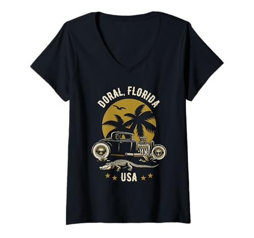 Damen Doral Florida Sunset Hotrod Alligator-Design T-Shirt mit V-Ausschnitt von Awesome Doral Florida USA Designs Souvenirs