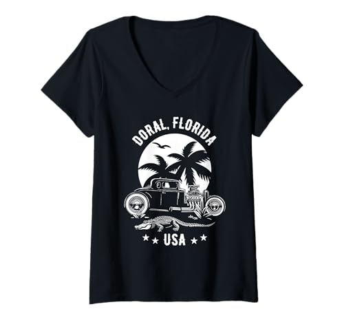 Damen Doral Florida Sunset Hotrod Alligator-Design T-Shirt mit V-Ausschnitt von Awesome Doral Florida USA Designs Souvenirs