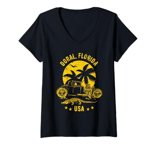 Damen Doral Florida Sunset Hotrod Alligator-Design T-Shirt mit V-Ausschnitt von Awesome Doral Florida USA Designs Souvenirs