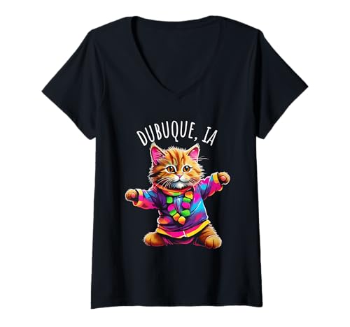 Damen Dubuque IA USA lustiges, buntes tanzendes Katzen-Design T-Shirt mit V-Ausschnitt Damen Dubuque IA USA lustiges, buntes tanzendes Katzen-Design T-Shirt mit V-Ausschnitt von Awesome Dubuque IA USA Designs and Souvenirs