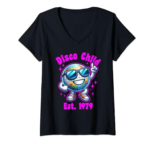 Damen Est 1979 Retro Disco Kind gegründet 1979 Geburtstag Design T-Shirt mit V-Ausschnitt von Awesome Est. 1979 Birthday Designs and Souvenirs