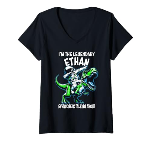 Damen I'm The Legendary Ethan Funny Astronaut on Dinosaurier Cartoon T-Shirt mit V-Ausschnitt Damen I'm The Legendary Ethan Funny Astronaut on Dinosaurier Cartoon T-Shirt mit V-Ausschnitt von Awesome Ethan Designs for the Name Ethan