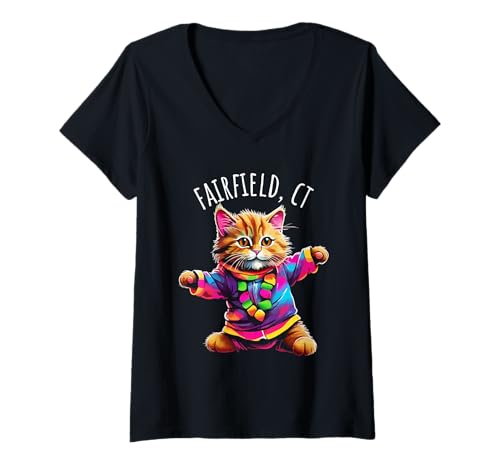 Damen Fairfield CT USA lustiges, buntes tanzendes Katzen-Design T-Shirt mit V-Ausschnitt von Awesome Fairfield CT USA Designs and Souvenirs